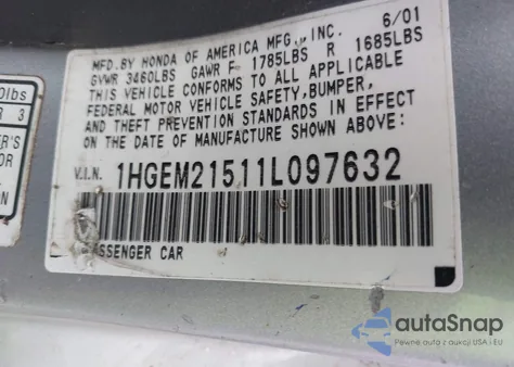 2001 Honda Civic Lx z USA, uszkodzony, nr VIN 1HGEM21511L097632